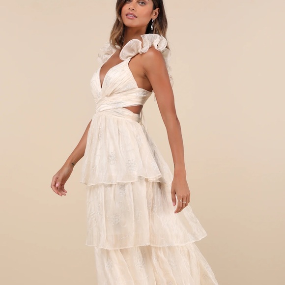 Lulus Dresses & Skirts - Whimsical Aura Champagne Embroidered Ruffled Lace-up Midi Dress